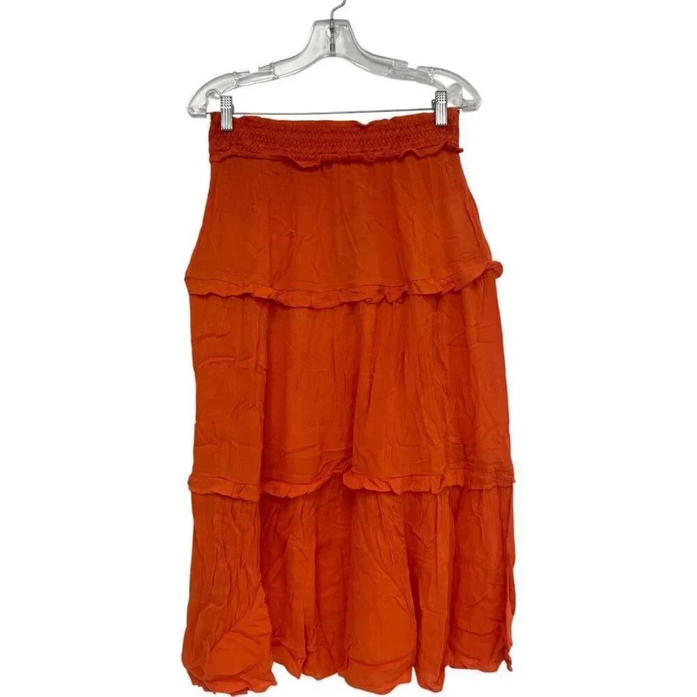 Boden Womens A-Line Skirt UK10P US 6P Orange Midi Tiered Smocked Waist R0393 NWT - Picture 2 of 10
